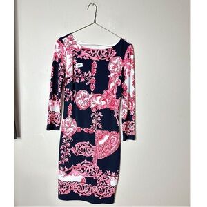Cache Elegant Pink and Navy Long Sleeve Dress